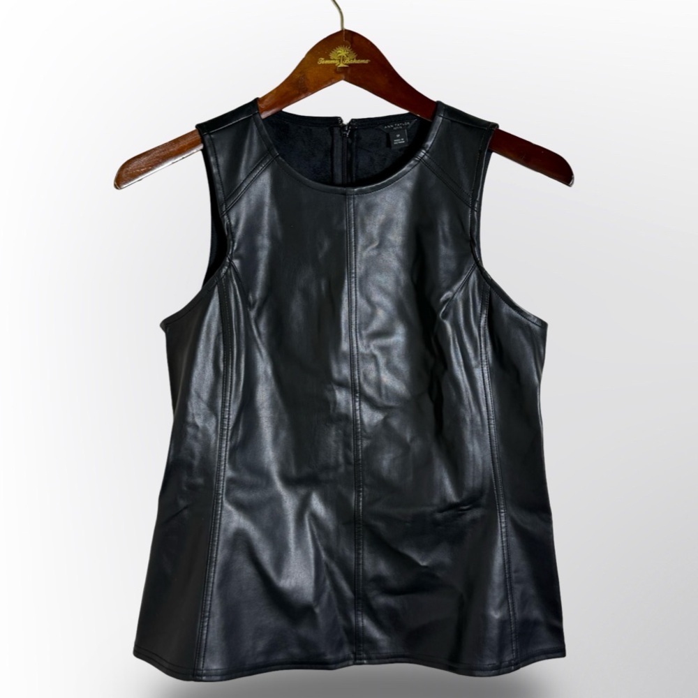Ann Taylor Petite Faux Leather Sleeveless Top Black SP